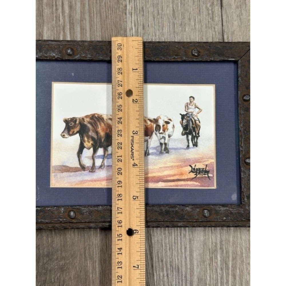 Lopez Baylon Watercolor Painting Cowboy Cattle Herd Rustic Western Framed Art - Picture 3 of 7
